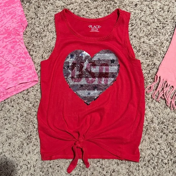 Girls size 7/8 bundle of 3 tops with hearts cherries and flags - Picture 4 of 5